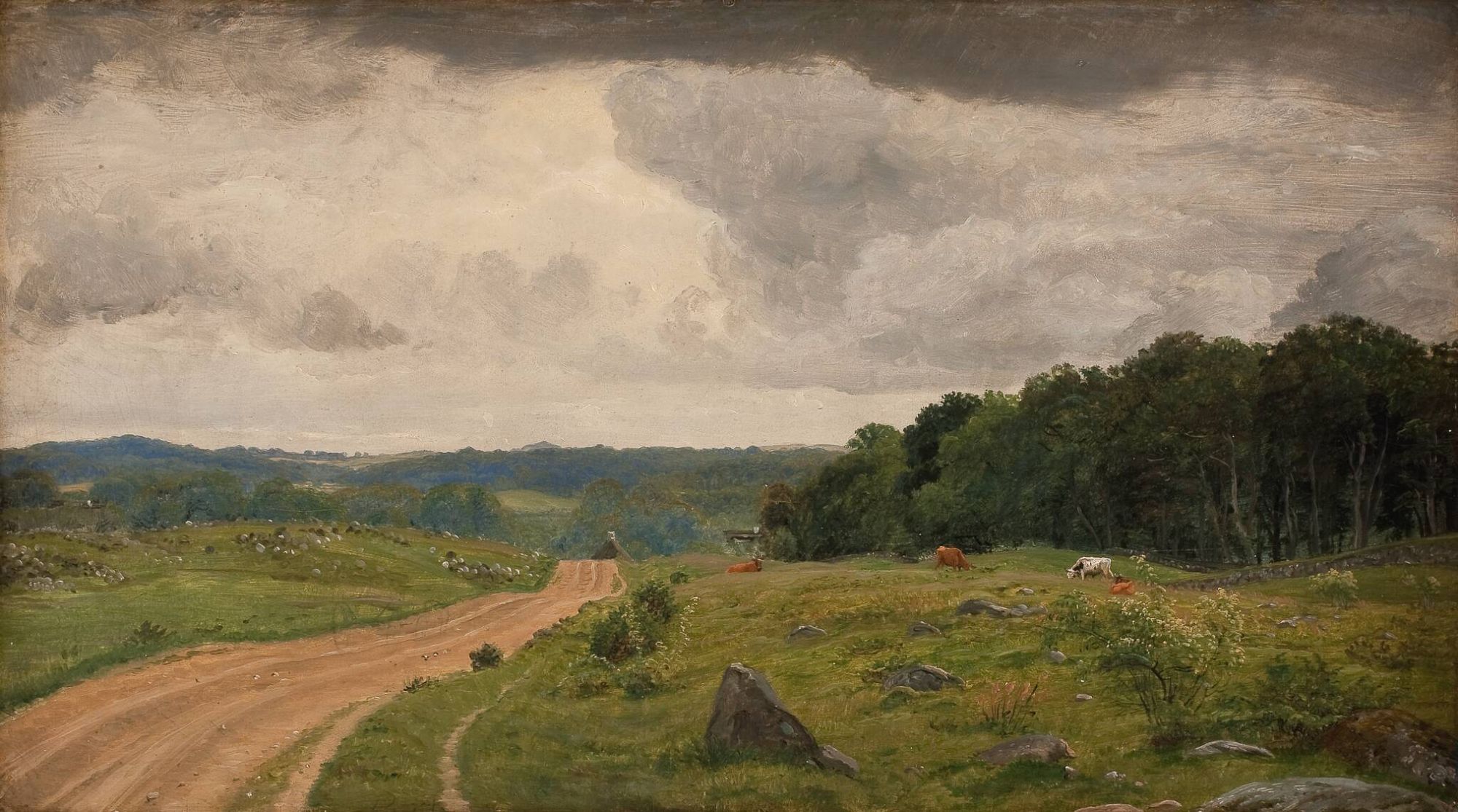 P.C. Skovgaard, Udsigt fra egnen ved Kongens Møller, 1844: a sandy track curving through open Danish pasture under a wide grey sky, with cattle grazing beside a stone wall.
